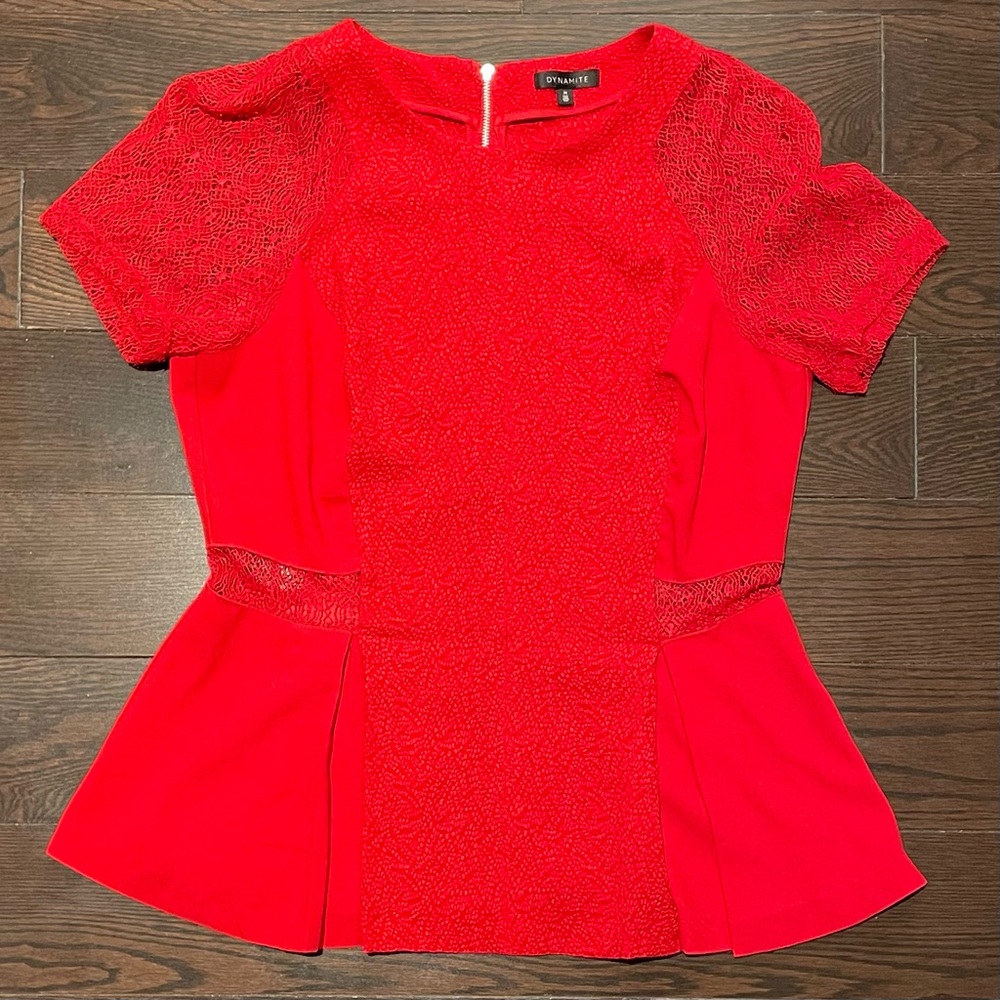 Dynamite Vibrant Red Lace Peplum Blouse